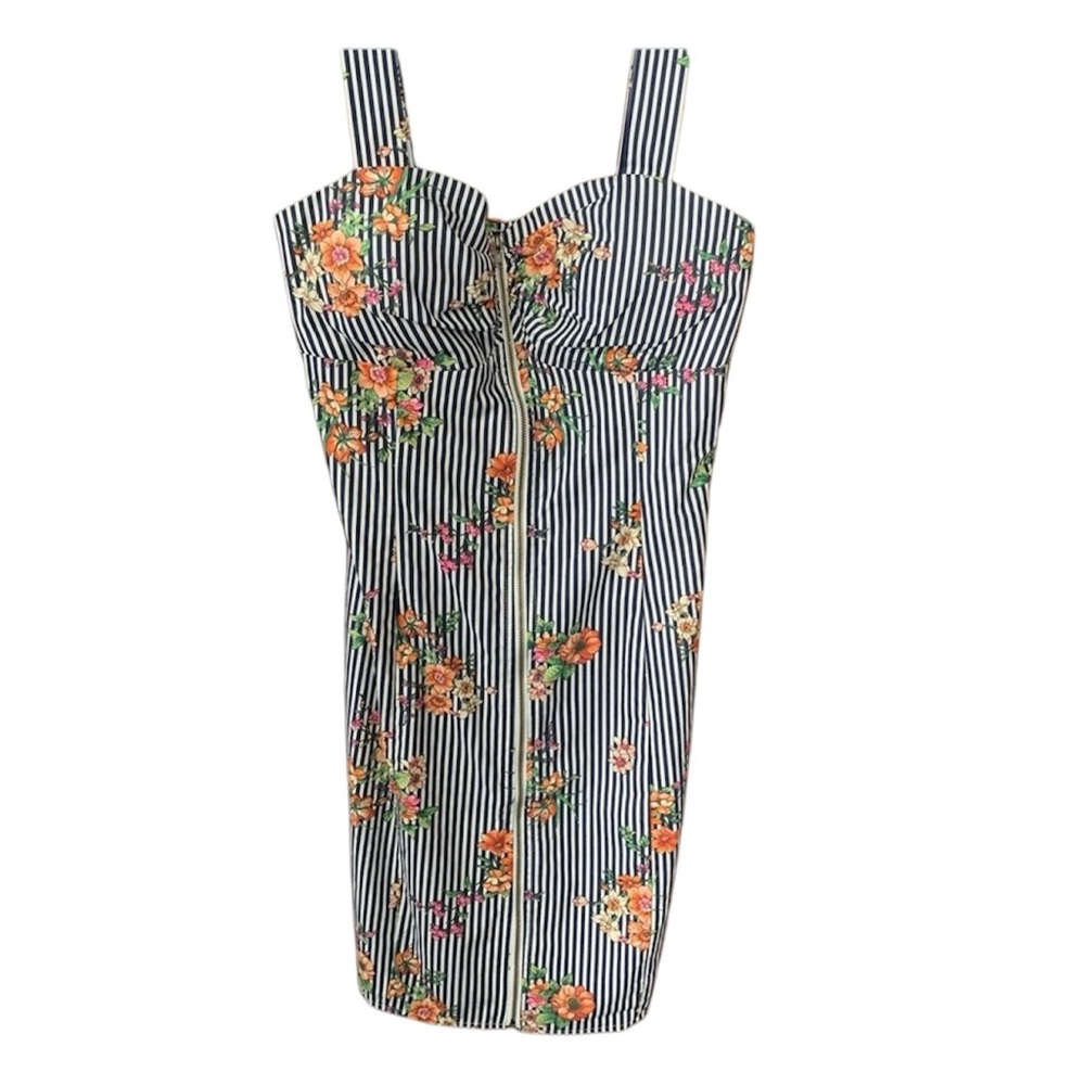 IRIS Sleeveless Full Length Front Zipper Dress Floral Stripes Womens Size Small